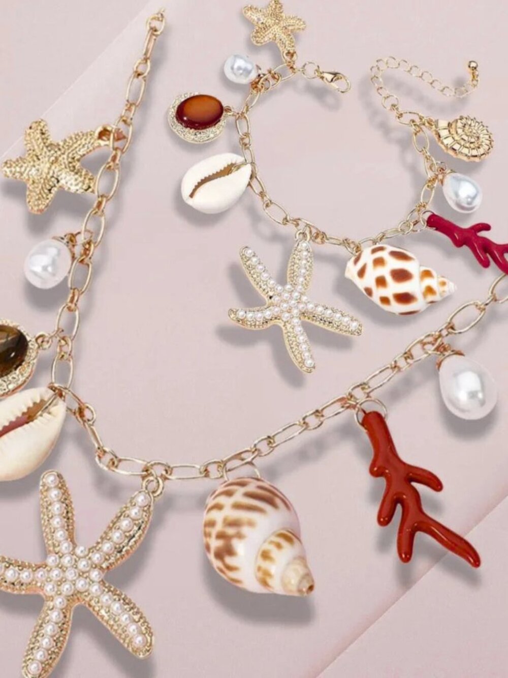 NEW Bracelet + Necklace BUNDLE Pearl Starfish Shell Pearl Beach Theme Gold Charm